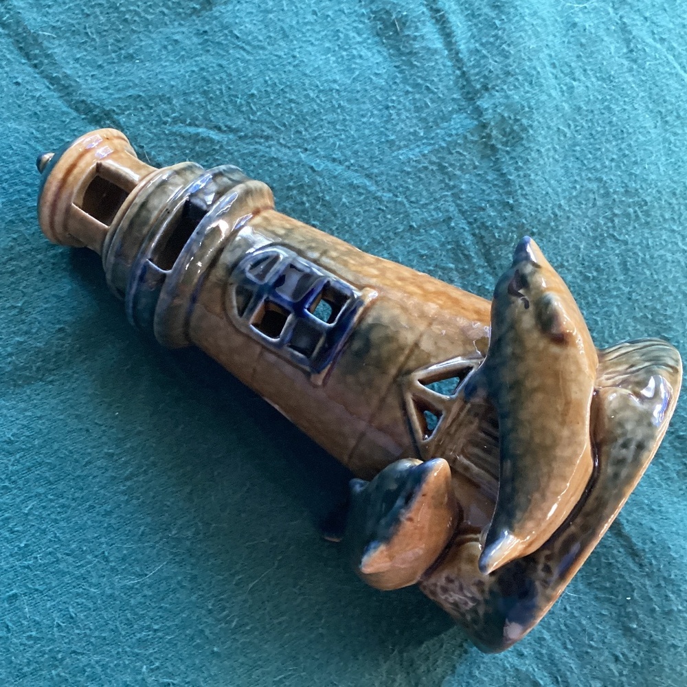 LIGHTHOUSE & DOLPHINS GLAZED CERAMIC VOTIVE HOLDER
